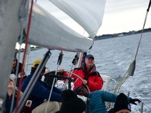 Captain Courageous at the helm, passing under the Newport bridge. We didn’t hit it. 