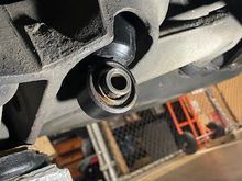 Bottom of the shock protruding through the suspension arm.
