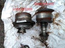 Upper and lower ball joints after removal. It seemed a good idea to chop off the shaft of the lower one - might have been because of the tool sizes