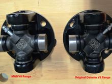 Original Daimler V8 flange on right and the MGB V8 flange on left. New universal joints installed.