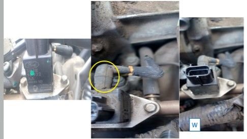 This is the Fuel Injection Pressure Sensor. The yellow circle in the center photo is where the vacuum line is connected. Left photo shows the sensor with the Ford part number, center photo shows close-up of the vacuum port with partial line connection and right photo shows over-head view.
