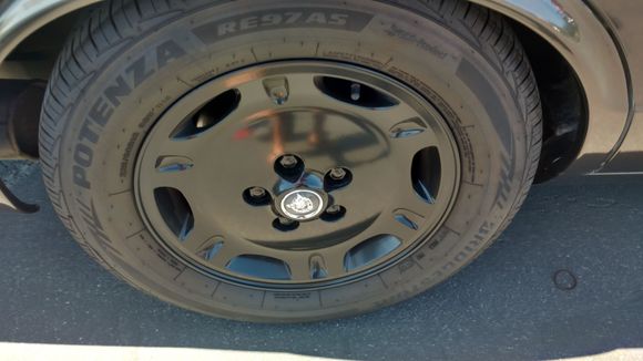 Satin black powder coated wheels. Less than 5K miles on new 225/60R16 Bridgestone RE92AS tires.