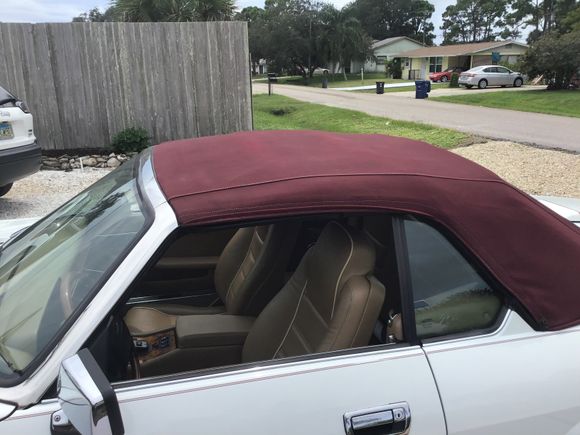 Original Convertible top (26yrs. Old) and insulation and head liner completely removed and refurbished.  Head Liner was washed and reinstalled as is no issues, Horsehair Insulation cover totally disintegrated.  Made a new insulation cover and installed.  Top panels taken apart and restitched,  Looks Like new but is starting to show age.