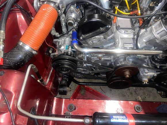 Front view showing thermostat housing vertically above water rail block, if original this would be out horizontal I believe