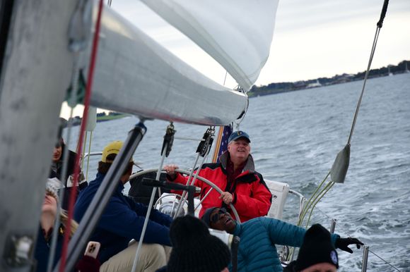 Captain Courageous at the helm, passing under the Newport bridge. We didn’t hit it. 