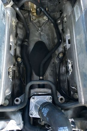 Day 3: All cleaned up! Showing both new valley coolant hoses, coolant intake pipe and hose, as well as the new knock sensors.