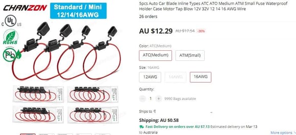 These are the fuse holders (on Aliexpress). I went for the holders for the bigger blades (Medium), and you have to select the cable size of that holder: 12, 14 or 16 AWG: The bigger that number, the smaller the x-section. 16 AWD is about 1.3mm diameter, 12 AWG about 2mm and 14 AWG about 1.6mm, and good for about up to 20 or 30A. Maybe go with 14 AWG