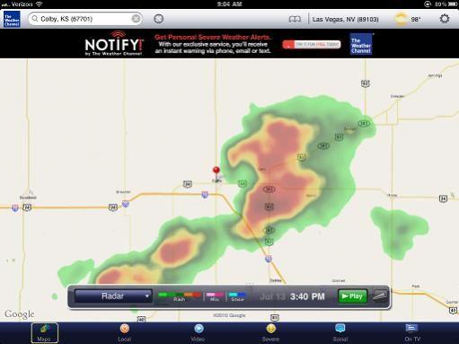 "Hmmm, that cloud doesn't look good, I'd better check the weather." I'm at the red pin, there was a tornado watch...