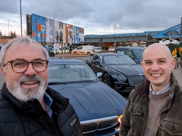 Handover in Peterborough with the Daimler behind us.  Some guy tried to upstage us with his new Bentley Continental - some hope.