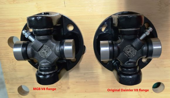 Original Daimler V8 flange on right and the MGB V8 flange on left. New universal joints installed.