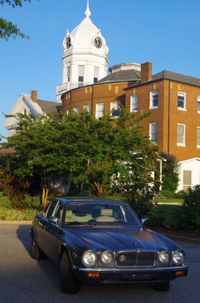 XJ6 modeling in front of a movie set (sort of). This is the courthouse from "To Kill a Mockingbird" along with some fake housefronts used in Monroeville, Ala.'s town play from the book.