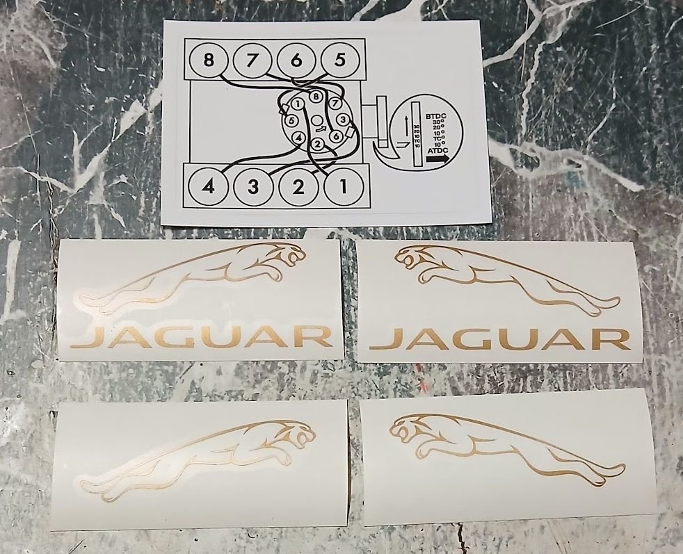 The white sticker here has the information about the firing order of the Ford 5.0m never know how handy it might be later on. The left/right leaper with the name Jaguar are going on the rocker covers and 1 on the fuel injector cover near where the fan use to be. There are 3 of each of these as I seem to be needing more all the time, the same goes for the leapers without the name, might need them one day.