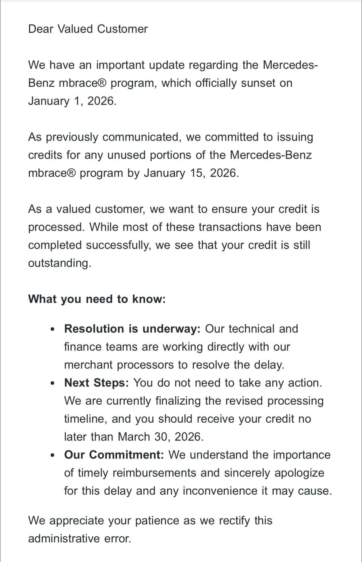 Follow up email I received today as I�m one of those affected by this �administrative error�. March 30, 2026 is the new target date for resolution.