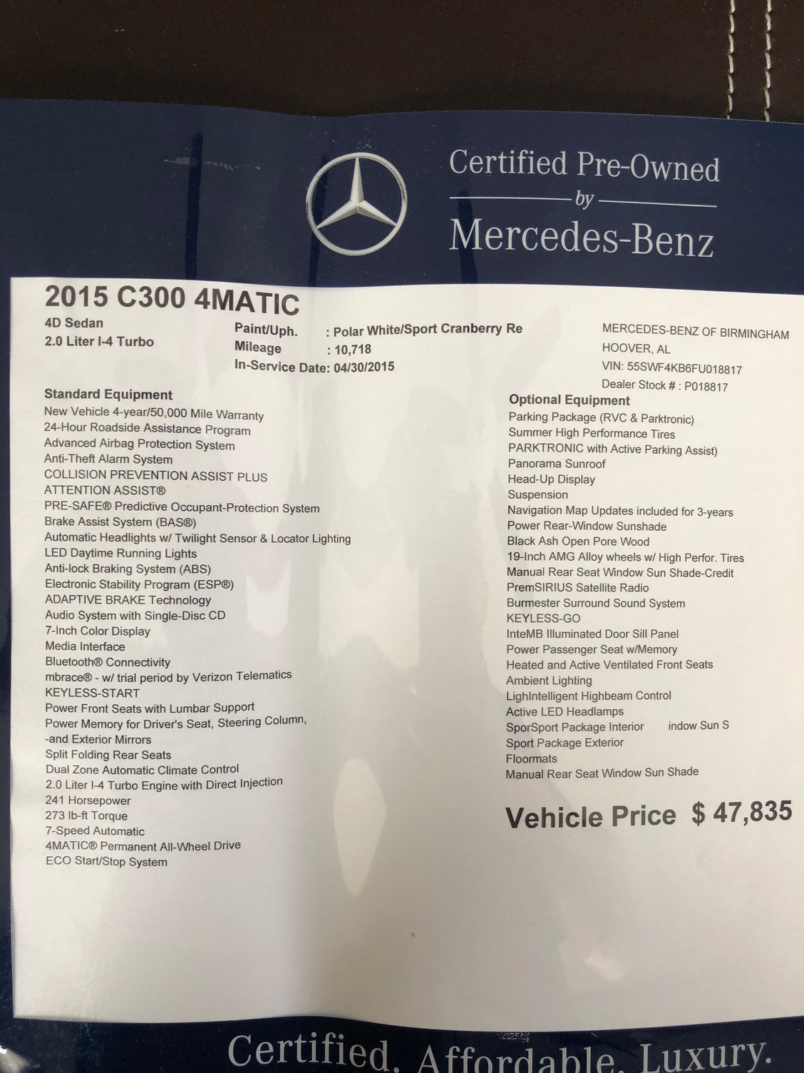 2015 Mercedes-Benz C300 - 2015 CPO C300 Sport 4MATIC - P3 with lots of options - White/Red - Used - VIN 55SWF4KB6FU018817 - 31,144 Miles - 4 cyl - AWD - Automatic - Sedan - White - Atlanta, GA 30305, United States