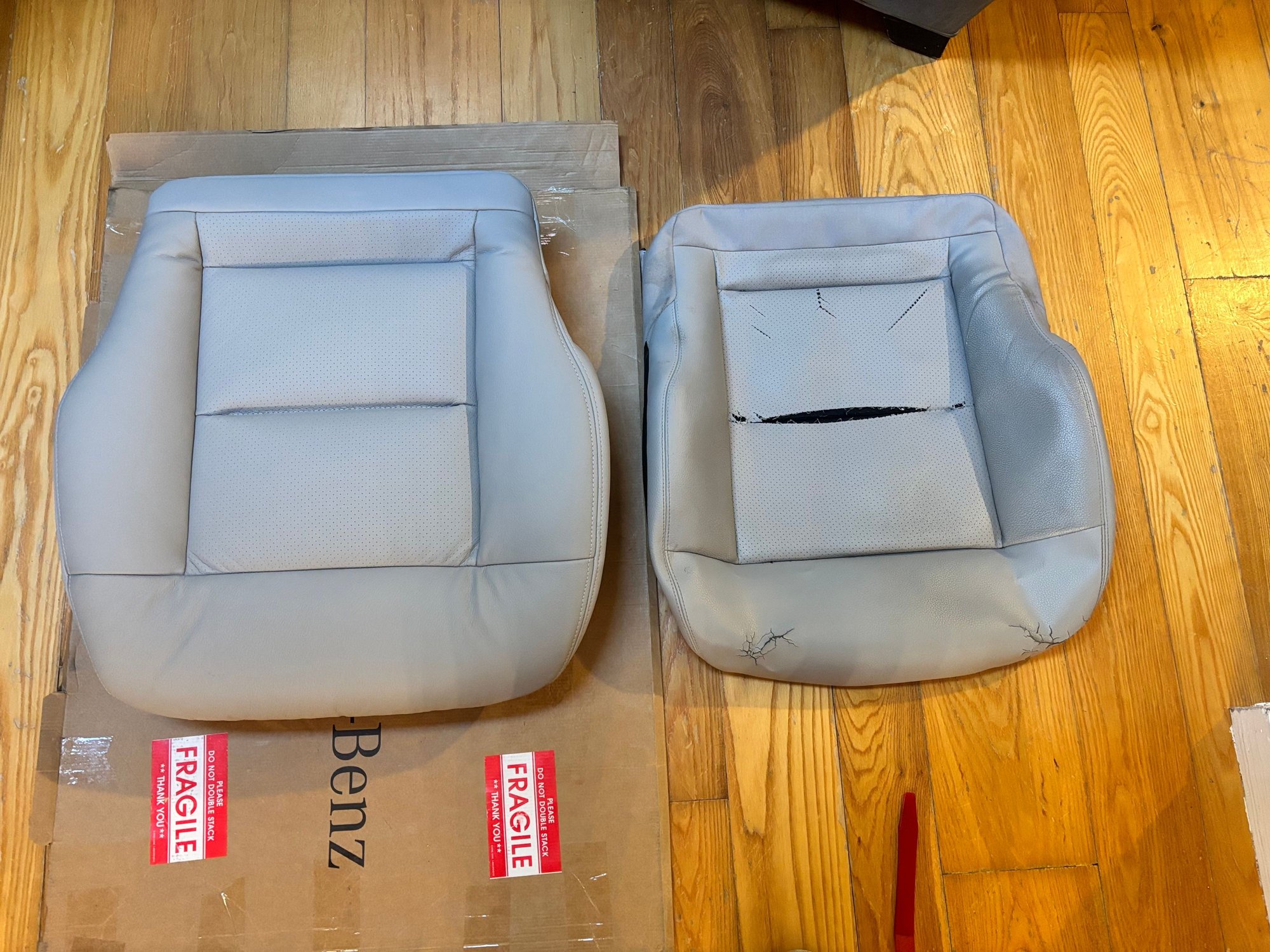 Side by side comparison of the leather seat cover on the left and the oem MB Tex.  Color match is spot on.