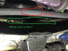 I know purple is ABC, & red is PS, but I don't know what the green one is that's wrapped in heat shield. I think it is also ABC, but do not know what hose. This view is between the radiator and the frame.