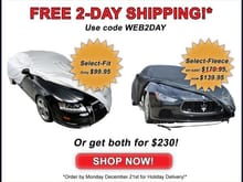 Practically custom-fit SELECT-FIT outdoor/indoor silver car covers and SELECT-FLEECE indoor black covers are complete kits that include a free storage bag, adjustment straps, cable & lock. Use code WEB2DAY for free 2-day shipping!*