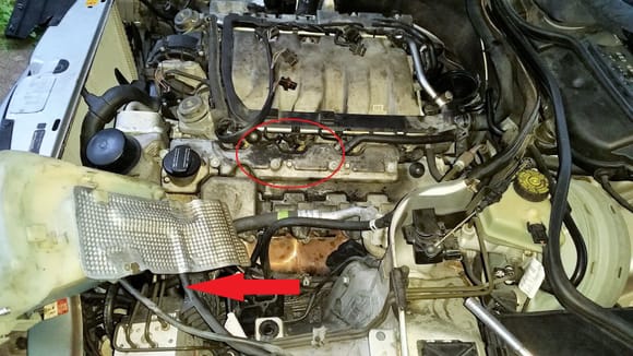 I had to loosen and move the windshield washer tank towards the grille to access the coils and lower valve cover bolts.  Note the leaky breather seal.