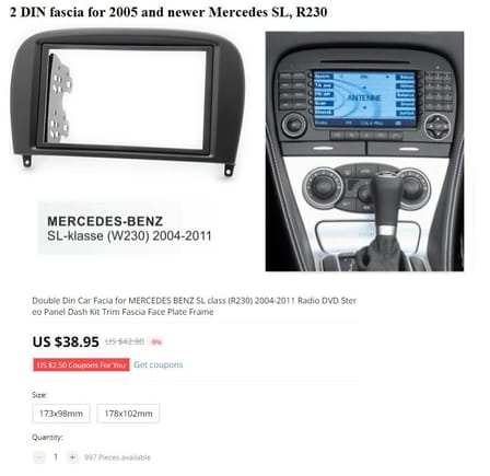 2 DIN fascia/panel for 2005 and newer Mercedes SL, R230