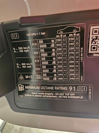 2018 S63 AMG Sedan Fuel Door recommended Tire Pressure Sept 2024.