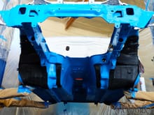 Pearl White engine bay, Aqua Blue underside and new undercoating in the areas that typically get sand blasted
