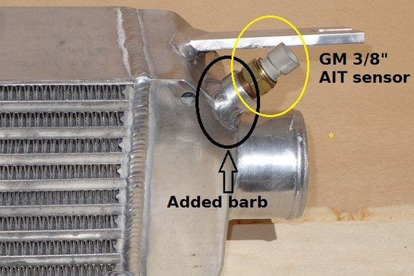 IAT barb added to coldside tank of Fab9 350hp intercooler