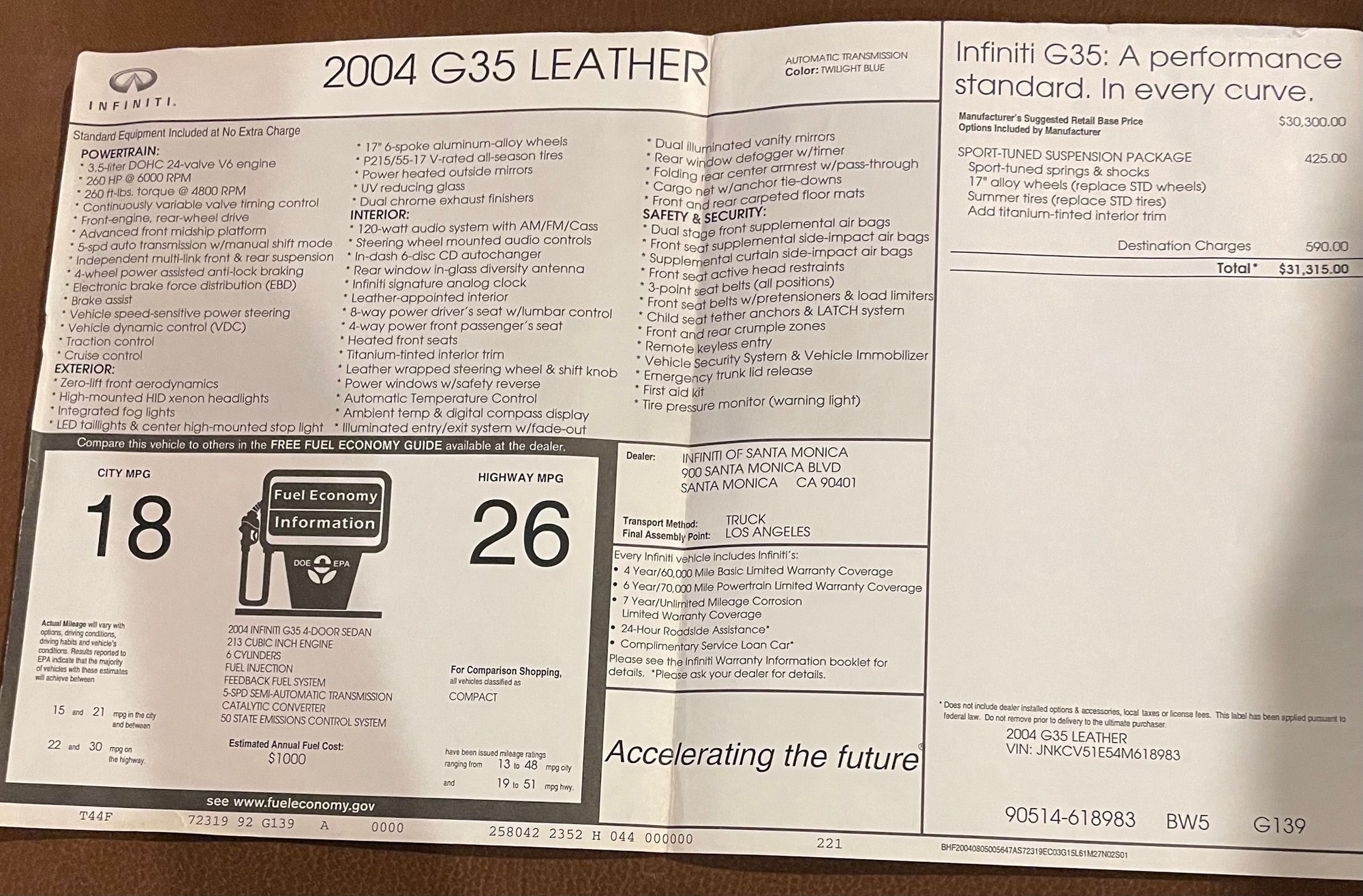 Ran across the window sticker from my 2004 G35 Sport Sedan. I thought some may be interested. Sport Package was available standalone, no sunroof, Bose or premium package required. 