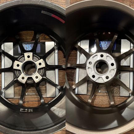 The legit on left does have 1.5 oz of weights and valve stem on the wheel. The replica is bare.