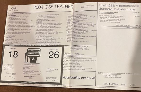 Ran across the window sticker from my 2004 G35 Sport Sedan. I thought some may be interested. Sport Package was available standalone, no sunroof, Bose or premium package required. 