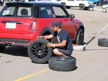 Sean mounting up the new Dunlop Direzza ZII tires. We are really glad we sprung for a 2nd set of wheels and tires because we got 2 sessions out of the old tires and then the cords were coming through.