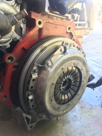 Flywheel, clutch and pressure plate all put together.