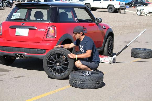 Sean mounting up the new Dunlop Direzza ZII tires. We are really glad we sprung for a 2nd set of wheels and tires because we got 2 sessions out of the old tires and then the cords were coming through.