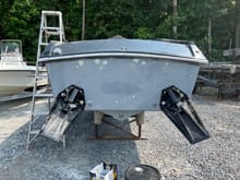 We’re getting closer.  Transom is done , we’ve laid out our lines for the bracket…within the coming week we will have bracket mounted and engines hung !!!