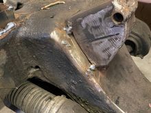 Motor mounts are tacked, but soon, all will be final welded, cleaned and painted. Brake lines run and brake system finalized.Upper control arm mounts will also be finished, (now that I can get in there to weld.