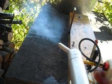 Bisson 60 size muffler adapted to the Fox 74, note opposed baffles, it had deep throb sound but not at all loud.