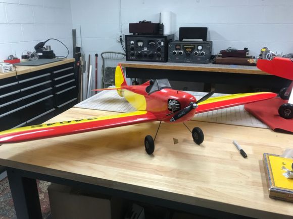 3-1/4 pound, scratch built Fly Baby. Powered by a very early version of the OS FS-20.   Built in 1997. The cowl was glued in place. Figured I would simply cut the glue when time came for engine repairs.   Cowl has never been removed!