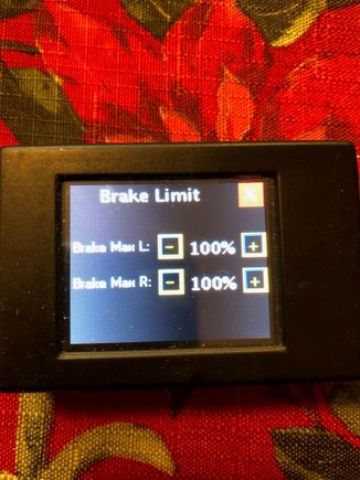 Here is what the brake limit page looks like, I have mine set to 100% for both. I use the mix in the radio to limit the overall brake force, you could limit it here instead.