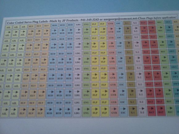 Simple system of marking your servo plugs. 1. Clean the plugs. 2. cut our the label with a new #11 xacto blade.  3. Transfer to plug with point of blade without touching the sticky part, DONE!