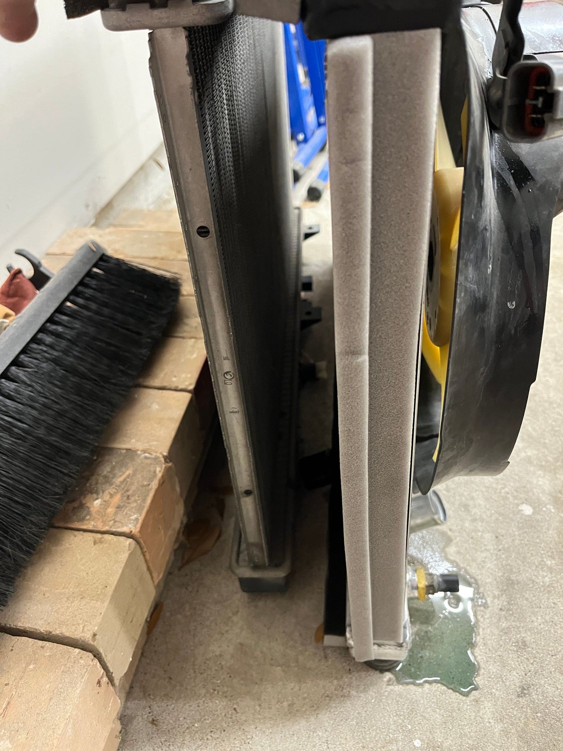 The stock on the left is about half as thick as the Koyo on the right. The foam is blocking the view of the Koyo, but the radiator is the full width of the foam 1.5”. 