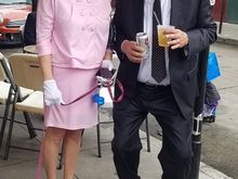 Friends of ours who have an apartment in the quarter. She's got her Jacky-O on and he's her secret service agent. Note the ear piece. Their dog is named NOLA.