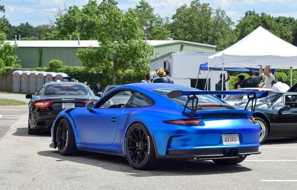The infamous Matte Blue Porsche 991 GT3 RS leaving a car show somewhere in Massachusetts.