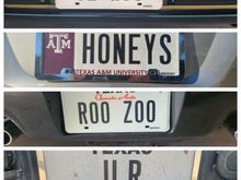 4 Different vehicles.

91 WS6 is on my 91 TA Vert.

HONEYS (My wife's given name is Honey,) is on her 09 Sky Roadster

ROO ZOO is on my 94 TA Vert (Family secret joke name.)

JLR my initials, on my Silverado Crew DD.