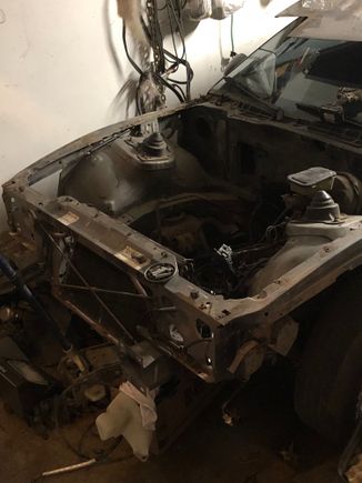 Front clip off, and most of the stuff in the engine bay