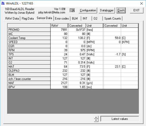 Screenshot of sensor data after revving, engine warmer.