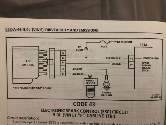 These pics are from a 1991 factory service manual. Camaro TBI 5.0 VIN E. 
Knock sensor is a dk blue wire. 