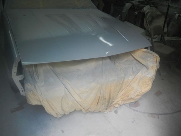 The front edge of the hood had several low spots so sprayed the front edge and will block it back in.