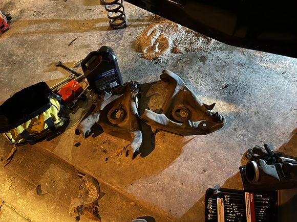 Pain in the rear to get down. My ball joint & bushing press won’t fit between the legs of the control arms, so I’ll need to find a different path…
