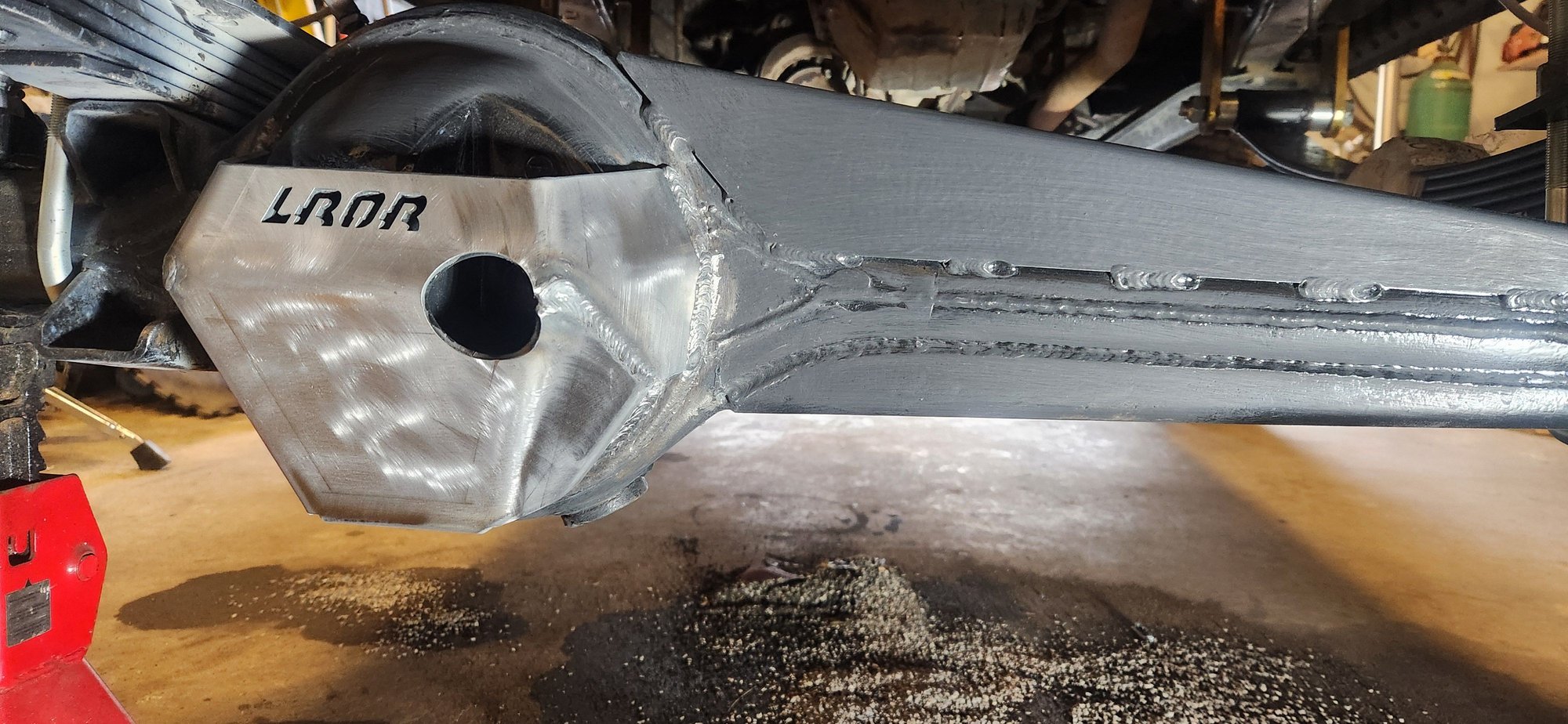 Welded on and cleaned for paint. The previous paint just scuffed down to get rid of the gloss. Quick wipe with acetone before paint goes on.