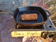 Simplified "firecracker fish". Tasty with just shiracha sauce and soy sauce and olive oil so less likely to stick.
Portable stoves like this are not recommended neyond fair-weather picnics. Iso-butane or even propane tank loses pressure, gets cold and loses pressure even more as you cook. OK for Barbie and Ken picnic.