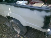 this fender was a pain in the butt.  Rusted through with a softball sized dent.  Popped most of the dent out and even did some old school heat gun / ice work to tighten the metal back up, then  painted with a rust stop, and glassed with what my buddy Duey calls Kitty or Tiger hair but is just Bondo hair - short strand fiberglass that mixes just like bondo and hardens up QUICKLY - same stuff I've been using to fix the dash and do the speaker C / A pillars.